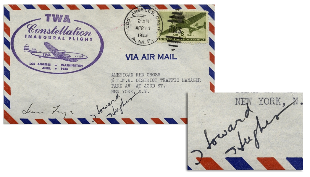 Howard Hughes Signed First Day Cover for the 1944 Flight of the Constellation -- Also Signed by TWA President & Hughes' Co-Pilot Jack Frye -- With University Archives COA
